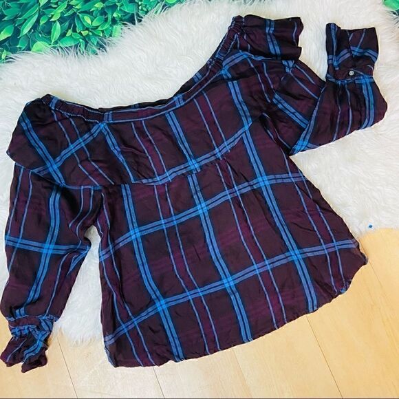 Loft purple plaid casual off the shoulder ruffled sleeves top blouse S - Picture 5 of 15